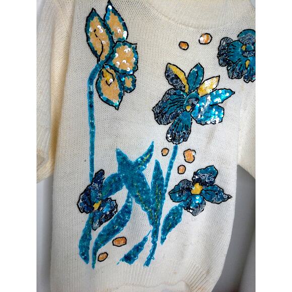 Vintage Laura Winston Floral Sequin Sweater Size Large - Picture 3 of 9